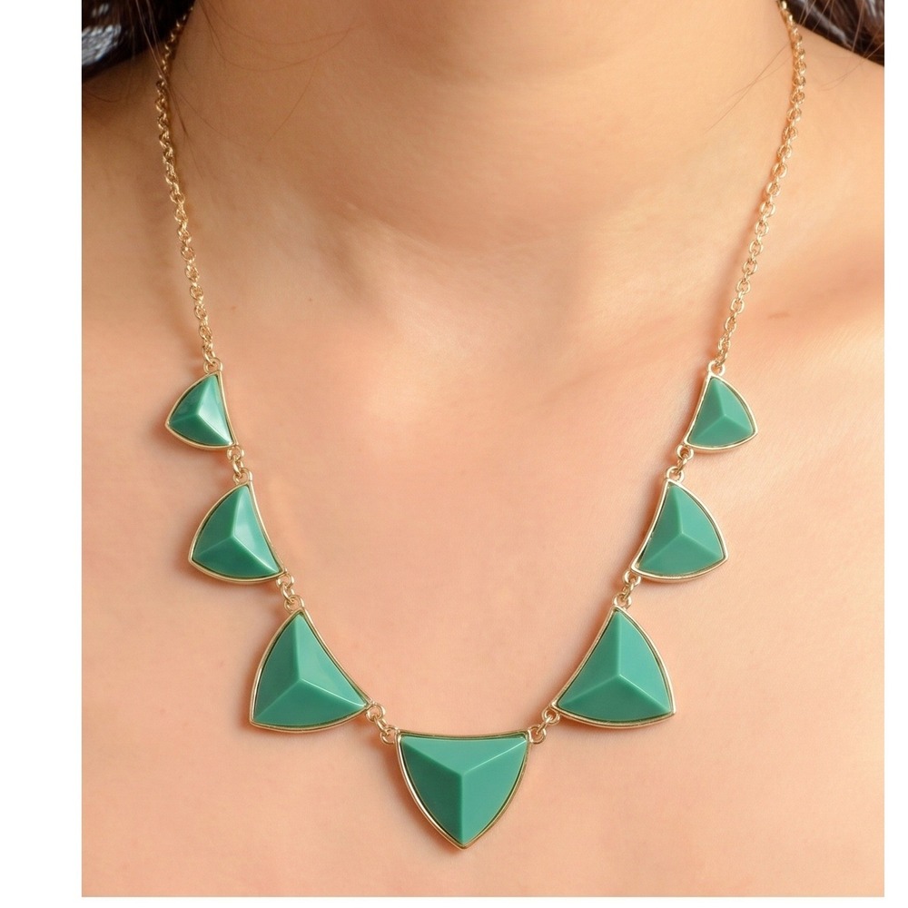 Old Navy New Teal Green Geometric Triangle Pyramid Bib Statement Necklace Gold